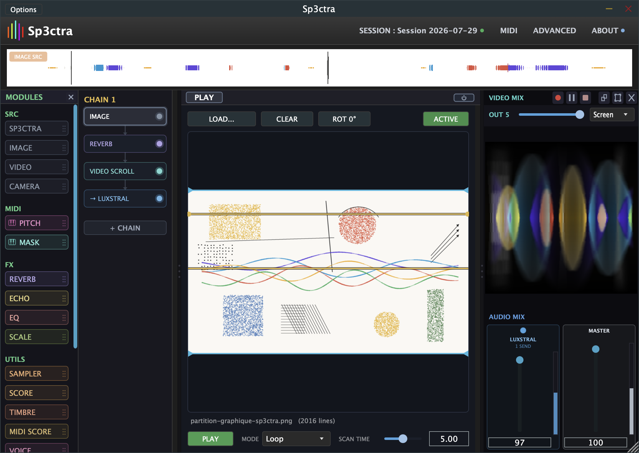 Sp3ctra App en lecture : une partition graphique balayée devient lumière et son